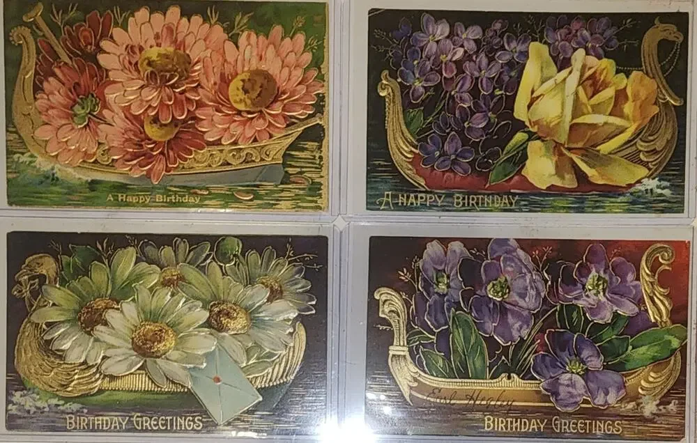 Lot Of Four Vintage Antique Embossed Postcards Flowers Birthday Boats